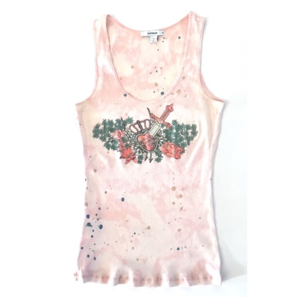Express Pink Tie Dye Sword Heart Crown Floral Tank Top - Picture 2 of 9